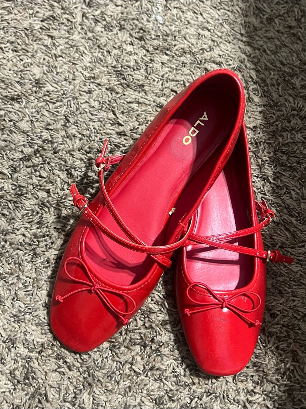 ALDO Red Mary Jane Ballet Flats with Bow and Ankle Strap
